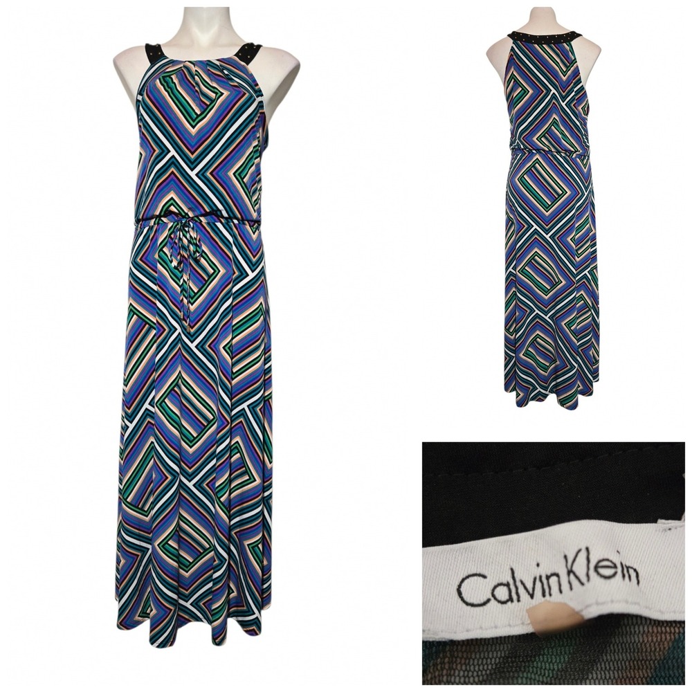 Calvin Klein maxi dress Geometric Studded Halter Multicolor Sleeveless M/8-10